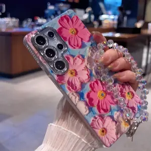 For S25/24/23/S22 blue light oil painting Green and Pink flower shell anti fall protective cover  HN201