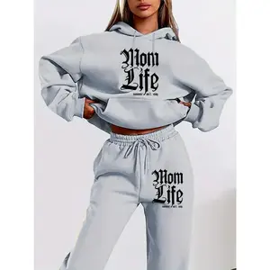 Women's 2026 New Casual Printed Letter "Mom Life" Hooded Sweatshirt and Pants Set -  Polyester Geometric-Pattern Knit Fabric Two-Piece Suit with Pockets for Fall/Winter