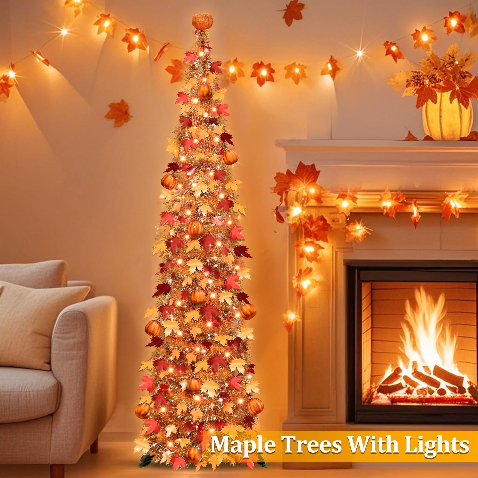 TURNMEON 5 FT Fall Tree Fall Decor, Pop Up Tinsel Maples Tree with 50 Warm White Lights Orange Pumpkins Battery Operated Lighted Halloween Tree Fall Decorations for Home Harvest Thanksgiving Party Indoor