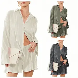 Brave-Luxe Loungewear Pjs 2pcs Women Spring & Summer Vacation Casual Daily Solid Color Linen Lightweight Button Down Collar Loose Long Sleeve Shirt & Low Waisted Shorts Set Fall Cloth For Women SpringStatements
