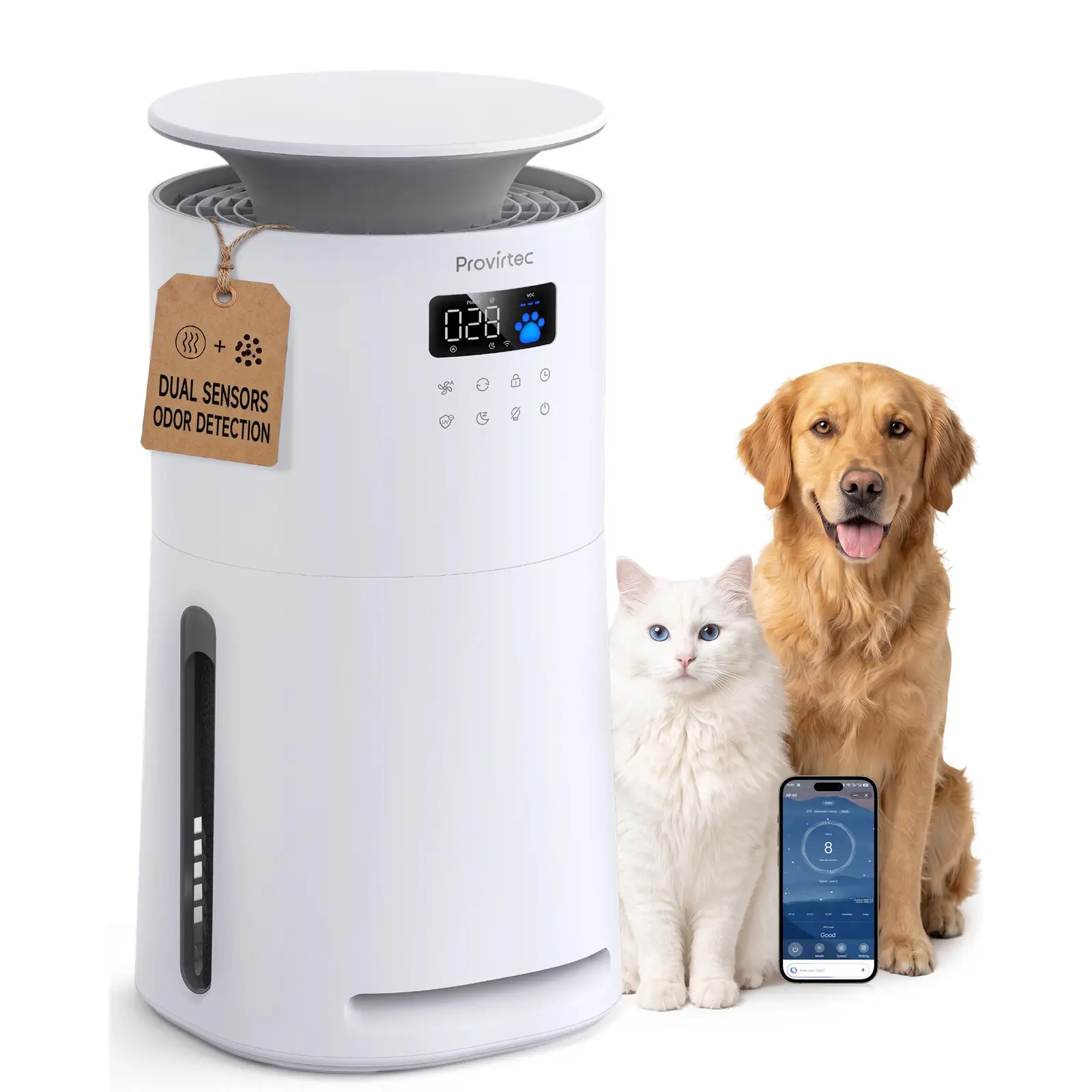 Provirtec Pawtent Ultra Air Purifier for Pets, 2000 ft²/h Large Room HEPA Cleaner with AirSense Tech, App+Voice Ctrl, Odor Removal, 2-Year Filter Set, US Plug, Smoke Removal (Limited Stock)