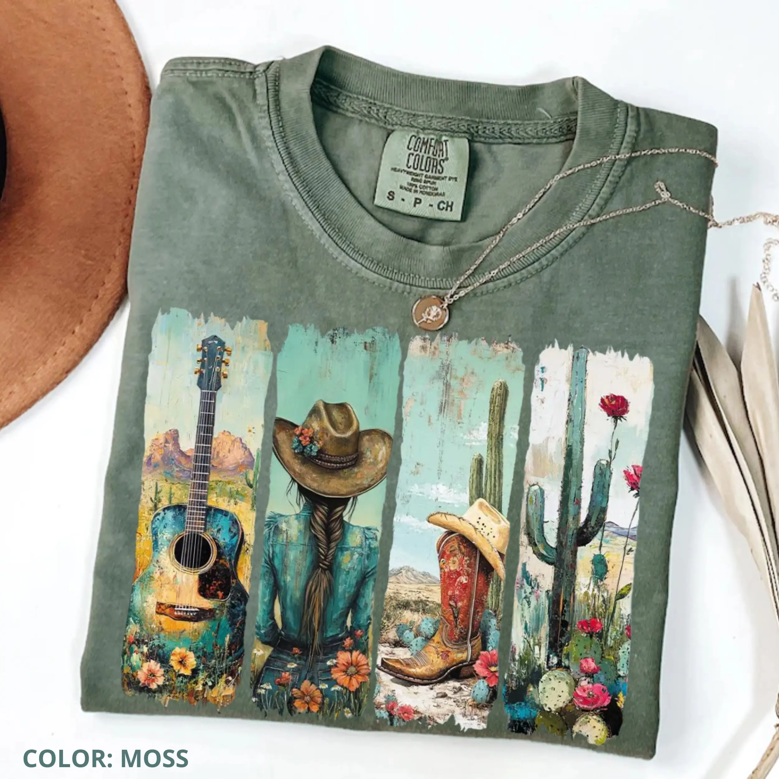 Comfort Colors Western Cowgirl T-shirt, Cowboy Boots Cowprint Shirt, Turquoise Sunflower Graphic Tee, Trendy Country Western Top