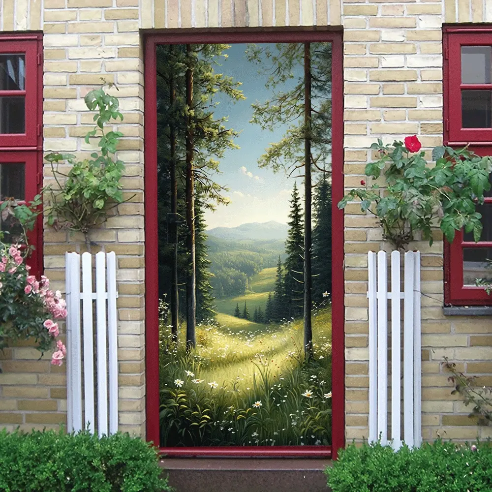 2pcs Natural Forest Scenery Wall Stickers Living Room Entrance Decorative Stickers Self Adhesive Removable Green Plant Mountain Pastoral Landscape Mural Bedroom Background Wall Warm Home Decoration Eco F