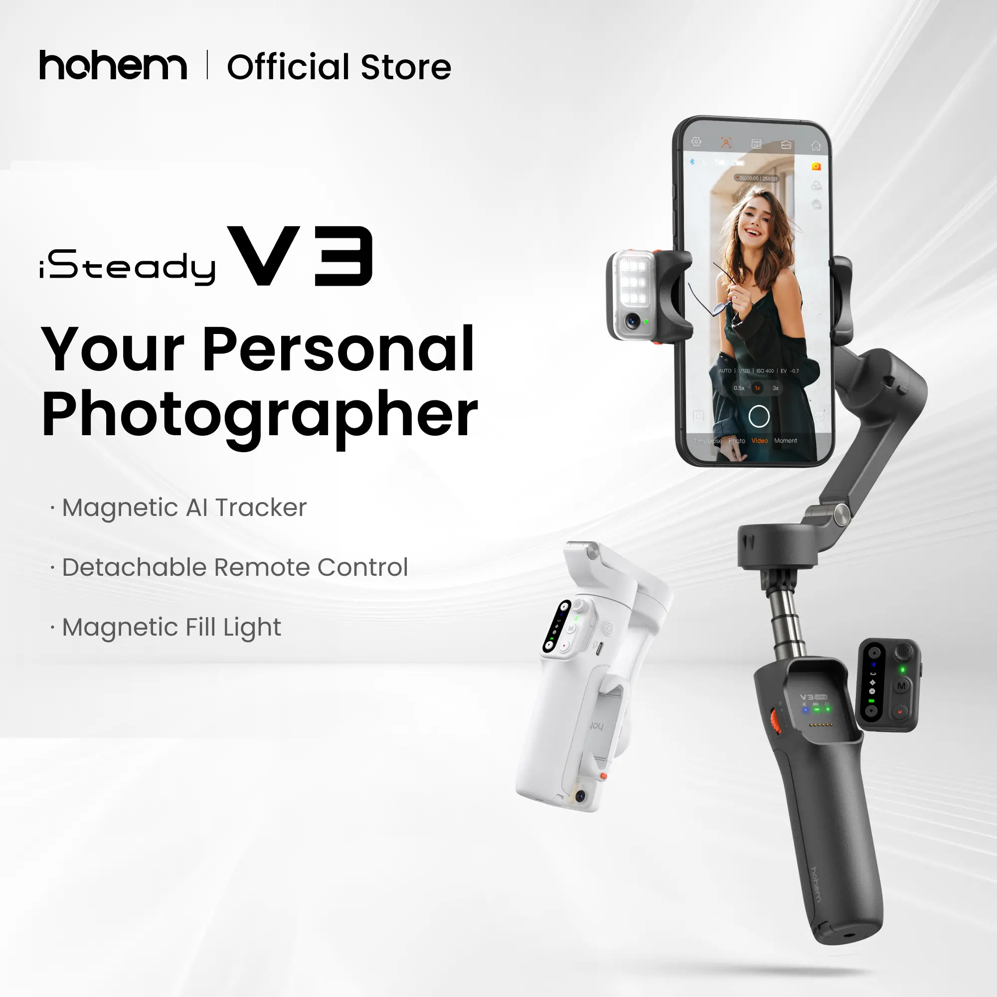 【DealsForYouDays】Hohem iSteady V3 Gimbal Stabilizer for SmartiPhone, Magnetic AI Tracker with Light, Built-in Extendable Rod & Tripod, Detachable Remote Control,selfiestick,Phone Accessories,Suitable for Android & iPhone 17 series, Travel, Vlog, TikTok