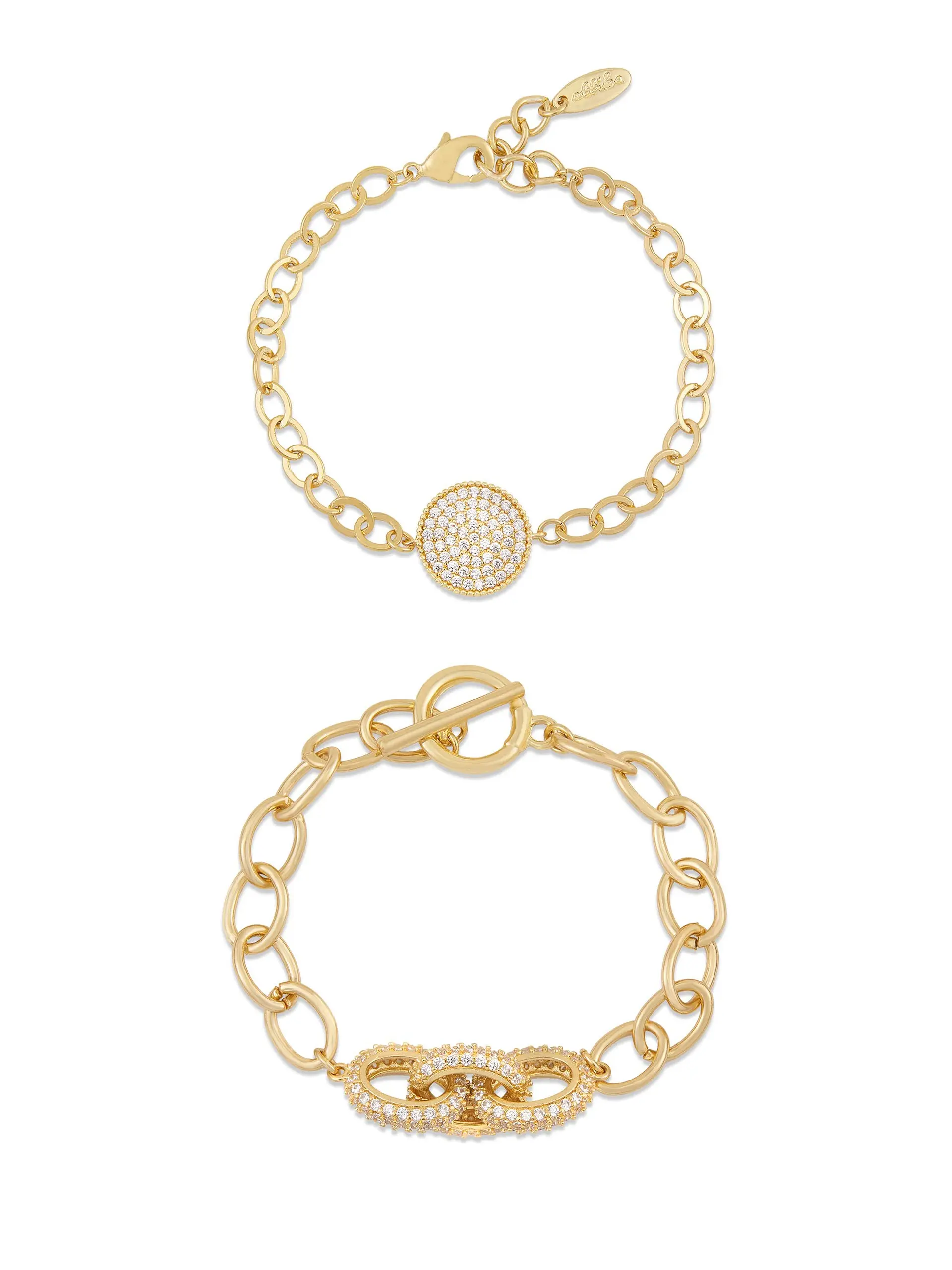 Mixed Crystal Disc & Link Chain Bracelet Set | 18K Gold Plated CZ Bracelets (Set of 2) | Dainty & Statement Layered Bracelets for Women