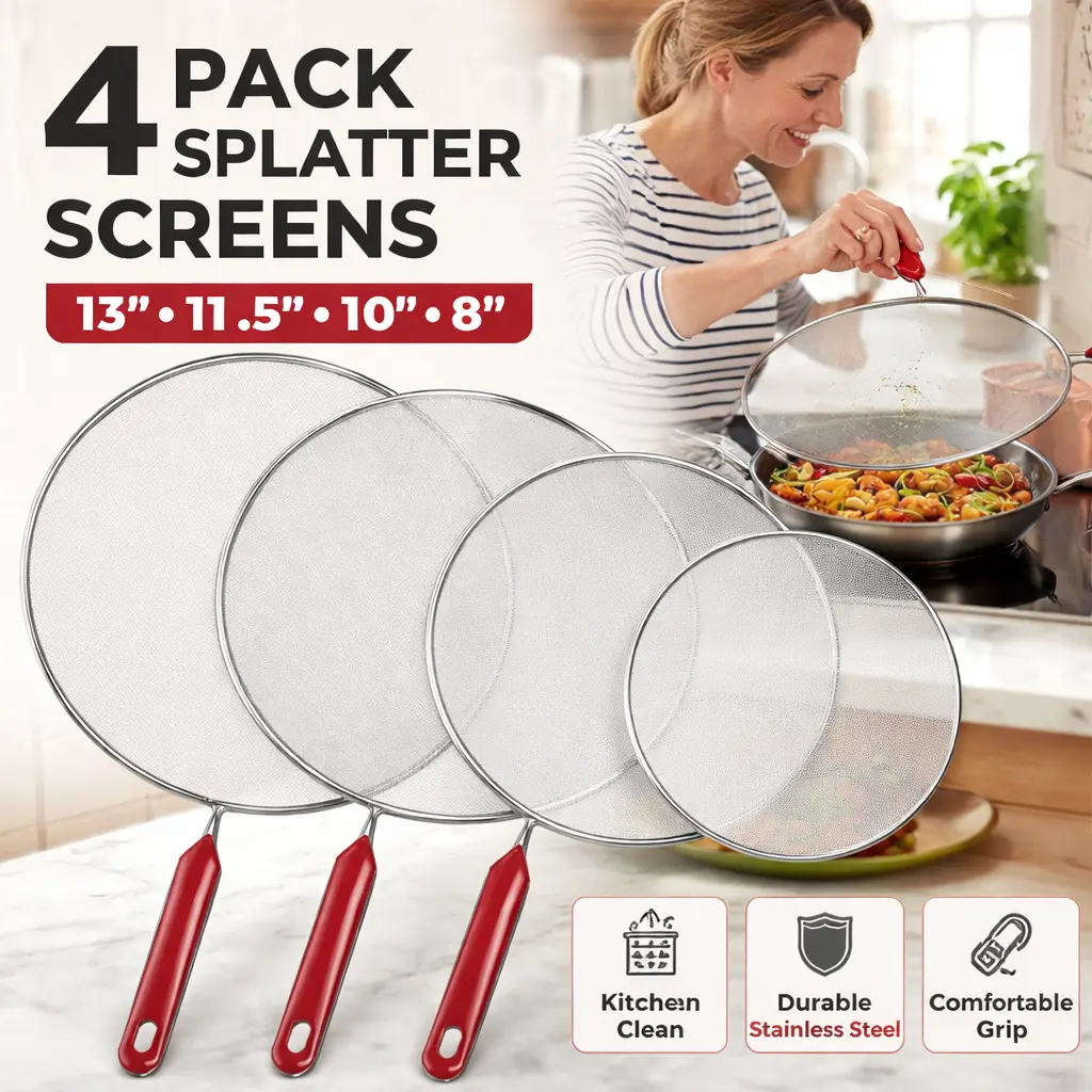 4pcs Stainless Steel Kitchen Splatter Guard Cover Set - Fine Mesh Oil Splash Screen for Frying Pans (13in, 11.5in, 10in, 8in) with Heat-Resistant Handles, Stackable, Dishwasher-Safe Cookware Accessory