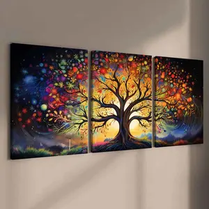 3-Piece Modern Art Canvas Prints, Solid Wood Framed Wall Decor, Art Wall Decoration, Modern Home Decor, Colorful Life Tree Posters, Universal Setting, High-Quality Waterproof Artwork