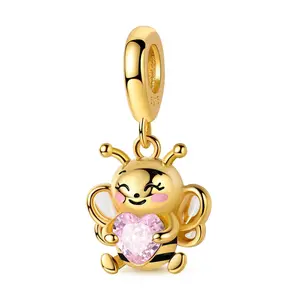MULA 925 Silver Gold Plated Bee Embracing Heart Pendant with Pink Zirconia - Symbolizes Love, Sweetness and Good Luck, Suitable for Pandora Bracelets and Necklaces - Gift for Women and Girls
