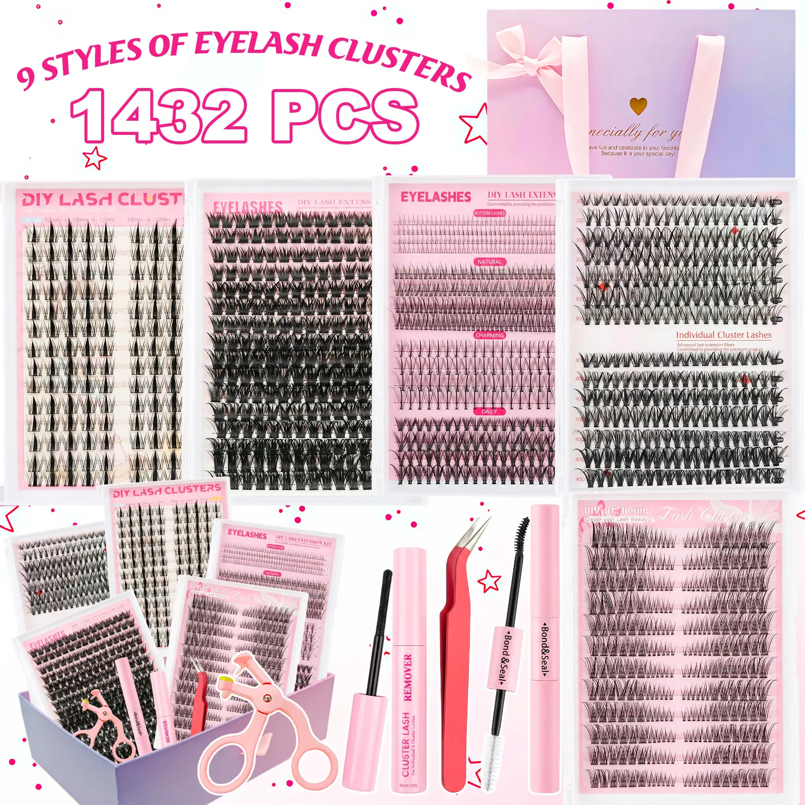 Individual False Eyelashes Kit, 1 Set Natural/Dense/Cat Eye/Demon Wink-Look Curl Cluster Lashes, with Waterproof Bond&Seal Tweezers Eye Makeup Enhancement False Lashes for Women and Girls, DIY False Eyelashes, Spring&Summer Set Mother's Day Gift