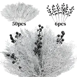 (56 Pcs )50 Pcs 14 inch Christmas Silver Artificial Pine Branches- 6 pcs 7.8 inch Black berries Glitter Fake Foliage Pine Stems Picks- Silver Leaves Artificial Pine Needles For DIY Christmas Wreath Home Decoration
