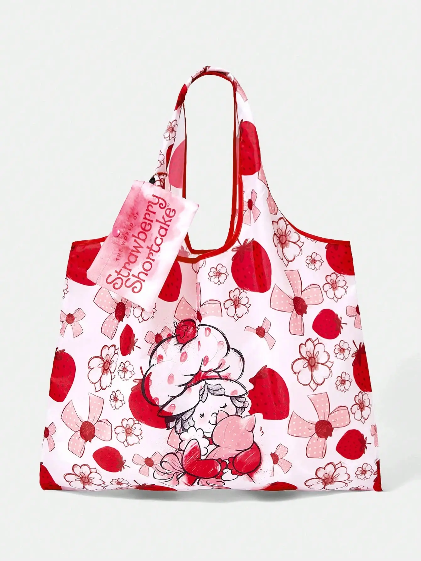 Strawberry Shortcake Women's Fashion Cartoon Pattern Foldable Light Material Printed Tote Bag, Shopping Bag, Portable Shoulder Bag, Card Storage Bag, Shopping Trip Out Sho