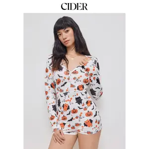 Cider [size 2-10] V-neck Pumpkin Bat Graphic Lounge Romper