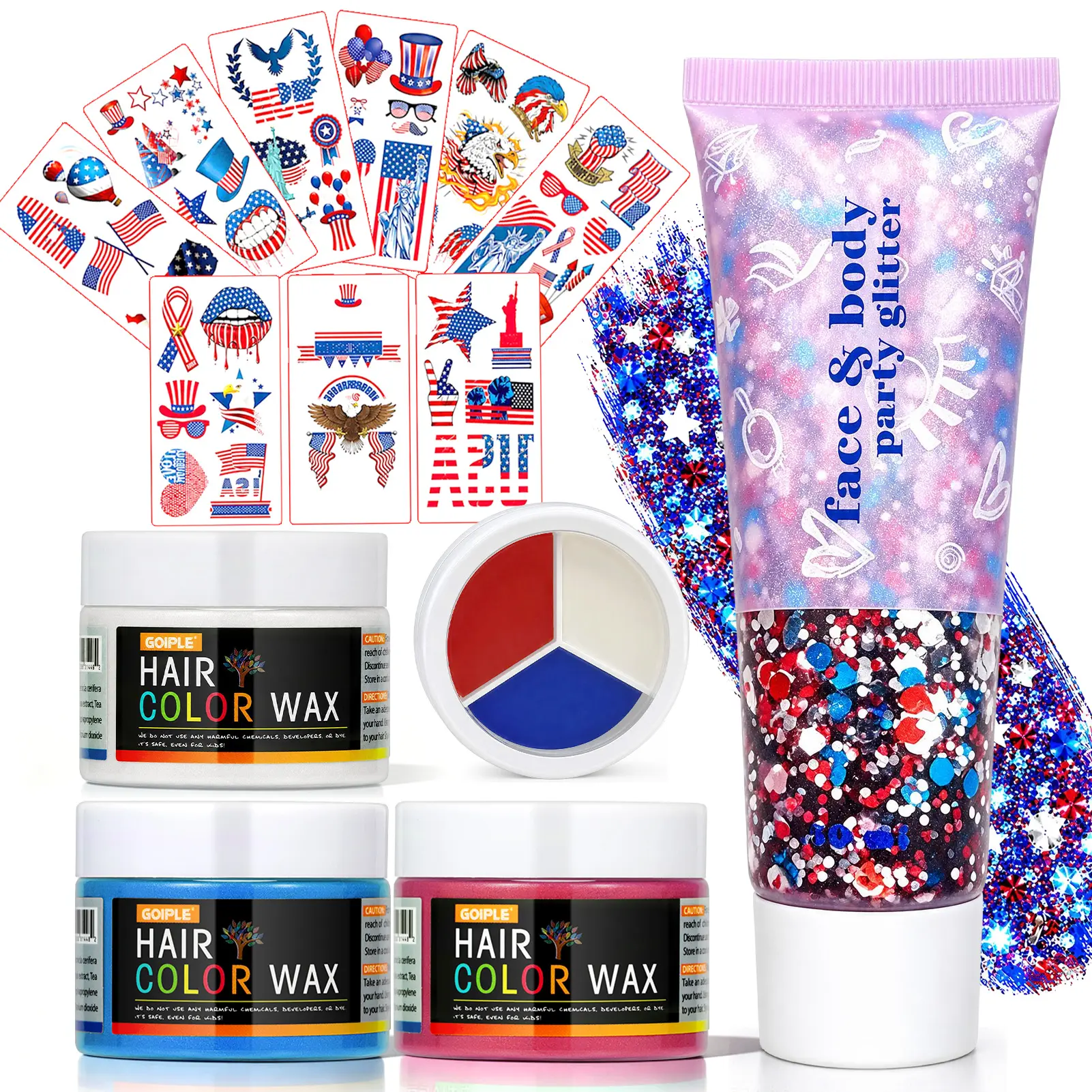 Glitter Stick Kit for Kids & Adults, Hair Color Wax, Face Paint, Glitter Gel & Patriotic Tattoos, All-in-One Party Makeup Kit for Parade, Festival & Party campingessentials