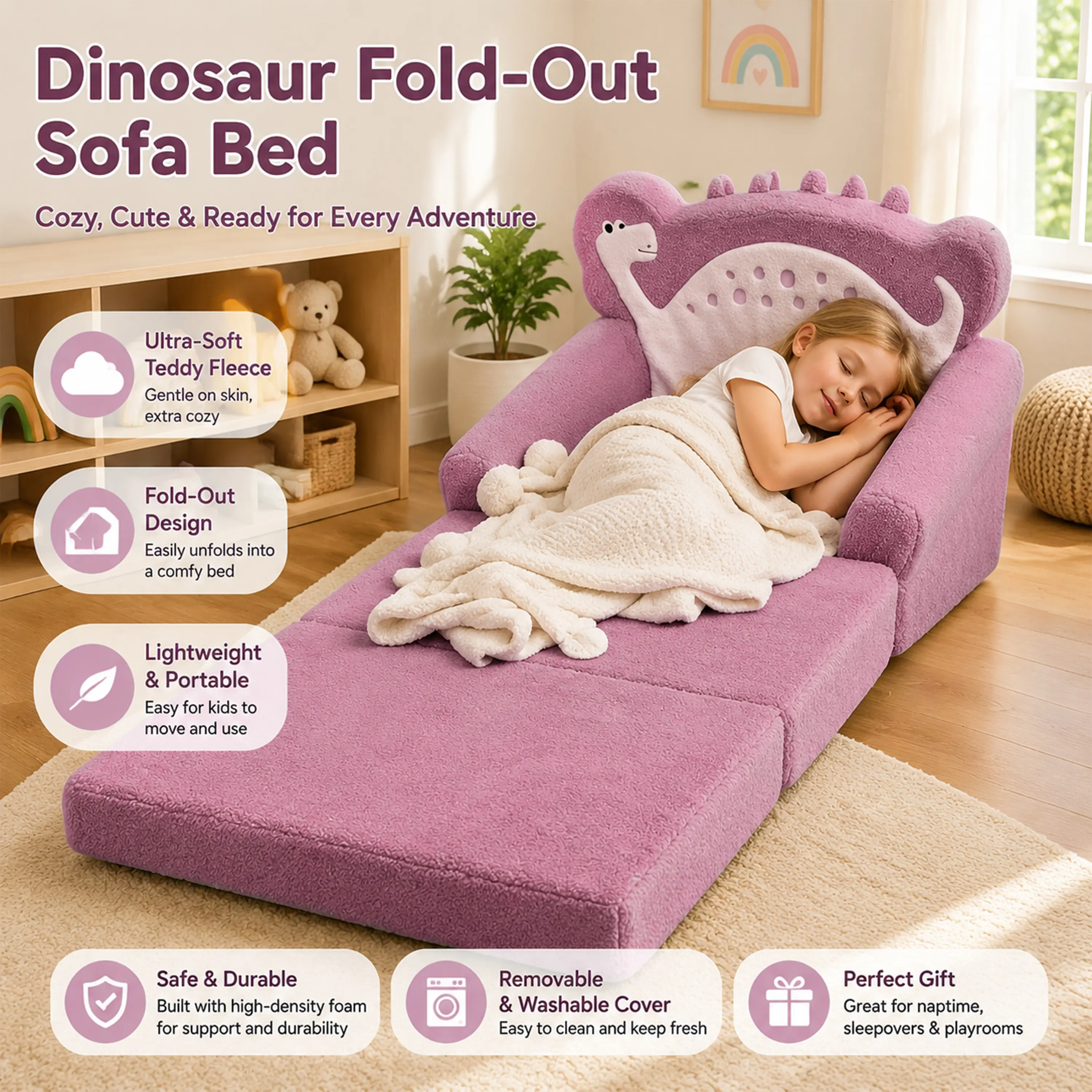 Fold-Out Dino Sleeper. Converts to 53.1" Bed. Teddy Fleece. Removable Cover. Machine Washable. High-Density Foam. Supports Vestibular & Proprioceptive Development. For Sensory Integration Therapy. For Sensory Rooms, Clinics, Home.