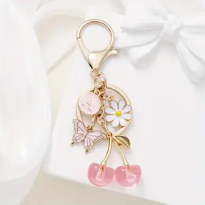 1/20pcs A-Z Initials Keychain Pendant with Pink Floral Charms, Women's Fashion Keyring, Ideal Christmas Gift for Handbags & Backpacks, Alloy Lobster Clasp, Decorative Letter Theme