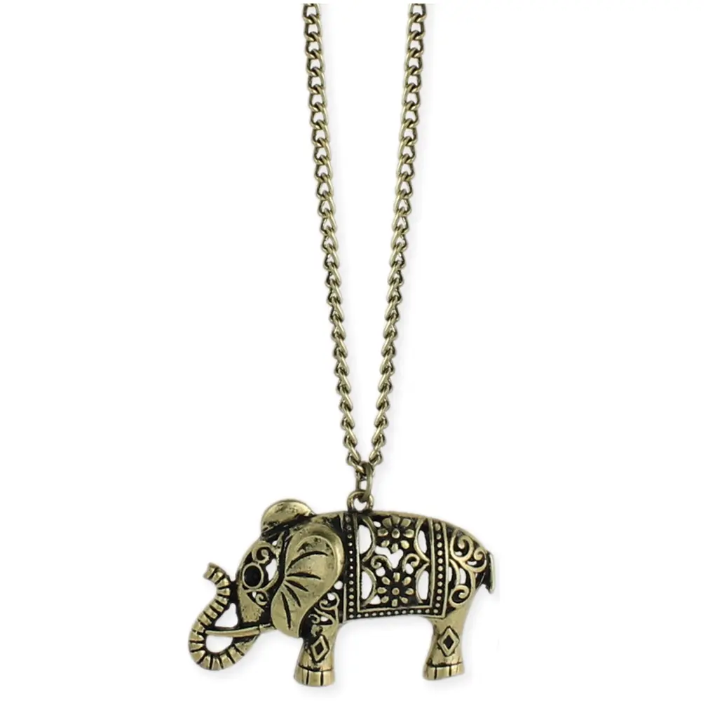 Zad Jewelry Antique Cut-Out Elephant Motif Necklace, Bronze Finish Base Metal Pendant with 16-18 in Adjustable Chain for Casual Wear, Cut-Out Animal Motif