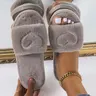 Women's Fluffy Open-Toe Fur Slides - Heart Embroidery, Non-Slip Sole, Flat Cozy Footwear, Cute Casual Women's Shoes, Fluffy House Slippers for Indoor-Outdoor Use, Ideal Cozy OOTD Picks & Gifts for Girlfriend