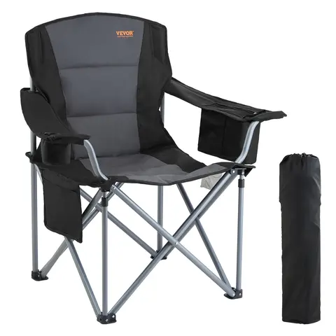VEVOR Folding Adirondack Chair for Adults (1 Pack, 350lb Capacity) - Foldable Heavy-Duty Outdoor Quad Chair with Lumbar Pad, Armrests, Side Pockets, Cup Holder, Cooler Bag, Oxford Cloth, Rustproof Steel - Outdoor Seating for Beach, Picnic