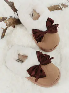 Women's Quilted Bowknot Design Plush Slippers, Casual Soft Comfortable Home Slippers, Warm Slippers for Indoor & Outdoor Use for Fall & Winter