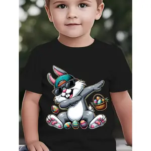 Easter Summer Boys' Fashion Short Sleeve T-Shirt with Glasses and Duckbill Cap | Casual Outdoor Top with Easter Bunny Cartoon Print, Crew Neck, Slight Stretch Fabric, Regular Fit - NY-DX5232