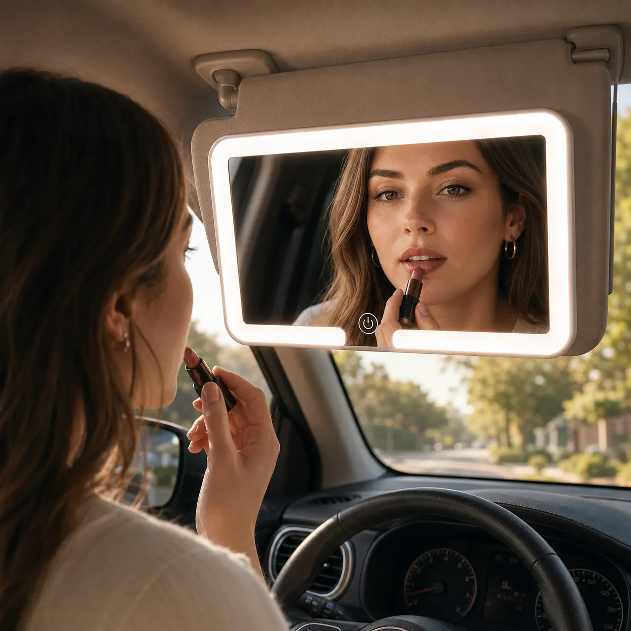 Dimmable Bicolor LED Fill Light Car Sun Visor Vanity Mirror with 1500mAh USB Charging Battery, Family Car Travel Makeup Touch-Up & Women Styling Interior Ornament, Touch Control Multifunctional Car Cosmetic Mirror, Even Soft Light Universal Auto Supply