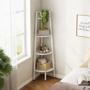 4-Tier Rustic Ladder-Type Corner Shelf - Sturdy Metal Frame, White Decor, Industrial Display Stand for Living Room, Home Office