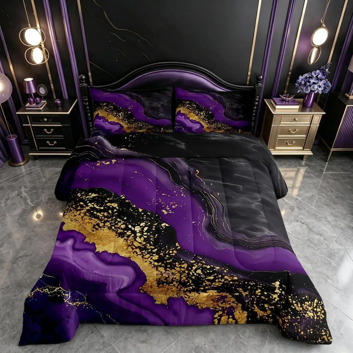 Black Gold Marble Comforter Set Modern Marble Aesthetic Bedding Set Retro Watercolor Artwork Design Duvet Quilt Purple Bedroom Decor