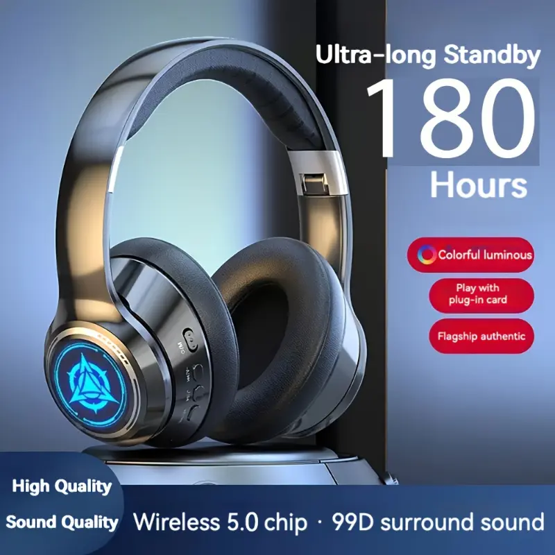 Foldable Closed Earcup Wireless Gaming Headphones with 9D Surround Sound, LED Ambient Lighting, Condenser Microphone, 3.5mm Jack, Push Button Control, Plastic Build for Gaming & Tablet Use
