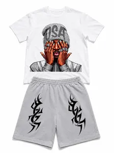 Boys' 2-Piece Streetwear Set - Teenage Graphic T-Shirt, Shorts with Gray Portrait Print, Humorous Graffiti, American Theme