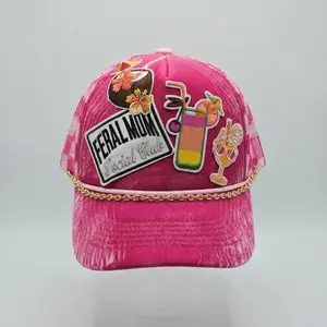 Feral Mom Social Club Distressed Pink Trucker Hat with Gold Chain Detail & Embroidered Patches for Summer Style