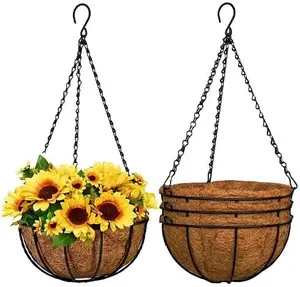 Metal Hanging Planter Basket With Coco Coir Liner 12 inch Round Wire Plant Holder Flower Pots With Chain