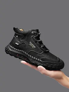 Men's Fashion Casual Shoes, Walking Shoes, Hand-Stitched Mid-Calf Boots, Laces-Up Bare Boots, British Style Work Boots, All-Season Solid PU Rubber Sole
