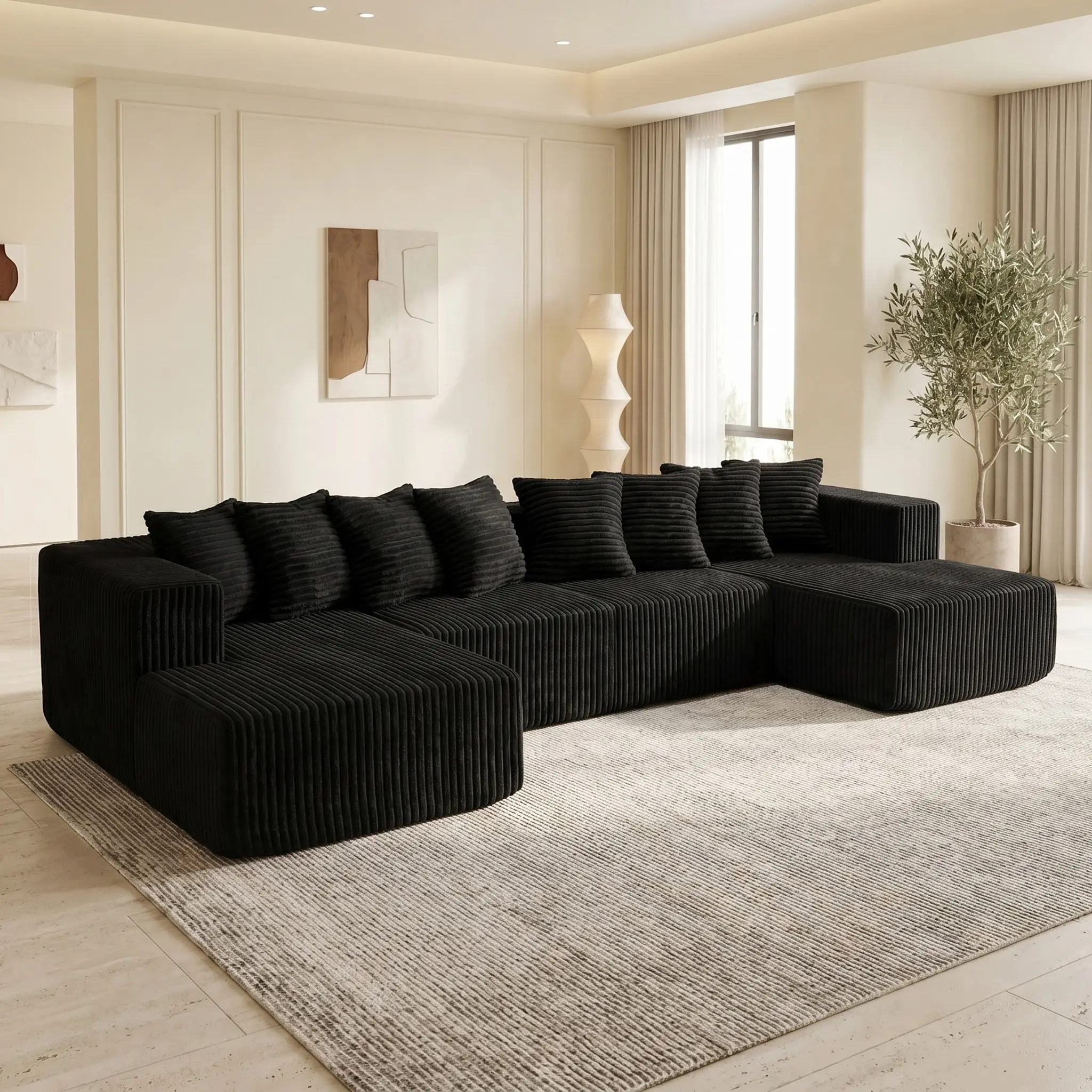 QIMENG U-Shaped Modular Upholstered Sectional Sofa Couch - Fixed Arms, Boneless Compressed Corduroy, Memory Foam, Modern Convertible Sleeper, Space-Saving Living Room Couch, 3-Package Shipping (White), U Shaped Sectional, Boneless Sectional Couch