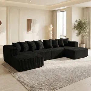 QIMENG U-Shaped Modular Upholstered Sectional Sofa Couch - Fixed Arms, Boneless Compressed Corduroy, Memory Foam Modern Convertible Sleeper, Space-Saving, 3-Package Shipping (White), U Shaped Sectional