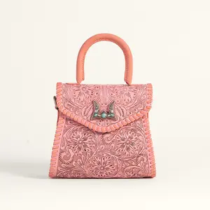 Loyal West Leon Mini Handle Purse - Pink Handtooled Leather & Calfskin