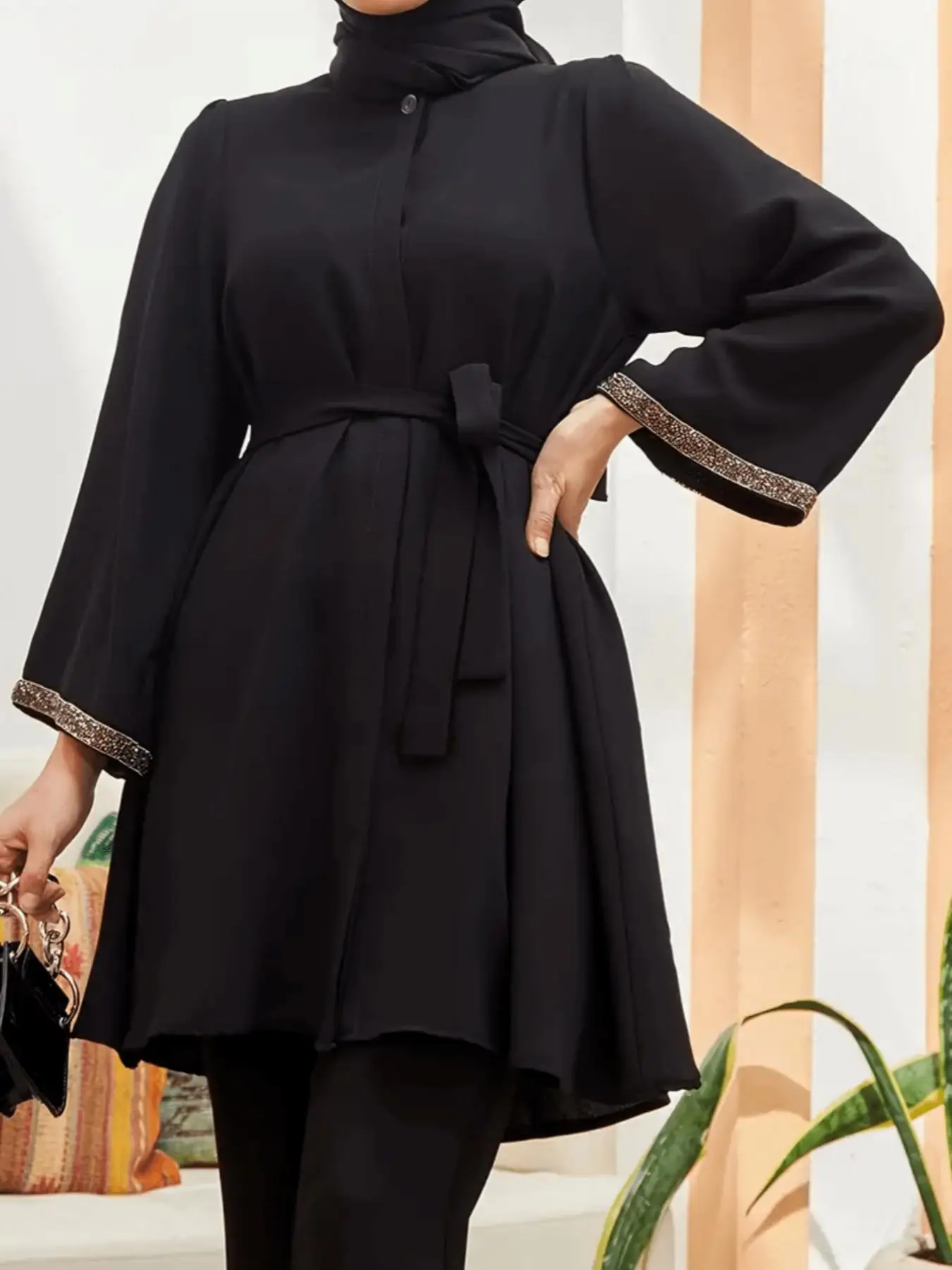 Women's Glitter Sequin Trim Belted Shirt, Modest Round Neck Long Sleeve Dress for Daily Wear, Ladies Clothes for All Seasons