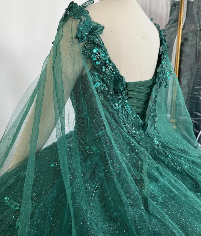 NO.41 Flowers and Metallic Lace Sparkle Tulle Quinceañera Dress With a cape bodycon party plain mature blue dress quince sequin dress Formal Womenswear party maxi