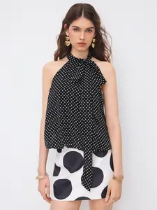 Cider Chiffon Halter Neckline Polka Dot Knotted Oversized  Blouse