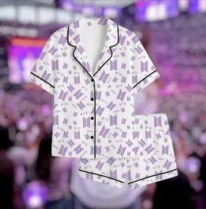 Kpop World Tour Pajama Set, Satin Short-Sleeve Sleepwear for Women, All-over Print Kid and Youth Satin Short-Sleeve Pajamas Set