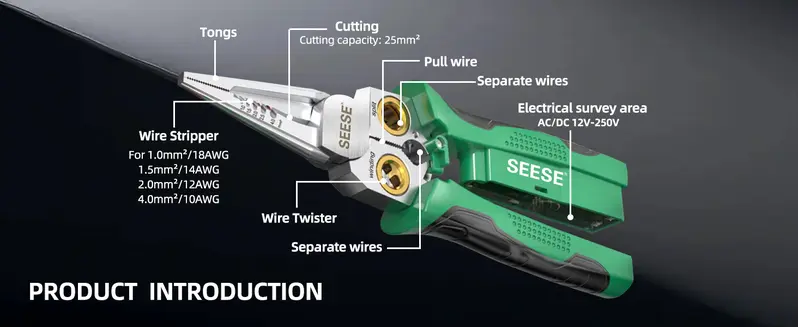 Product Introduction of SEESE 8 in 1 Wire Stripper Twister for Cutting and Pulling Wires, Voltage Tester Pliers,Cable Scissors, 12V to 250V Live,Null,Hot Wire Judgment AC DC, Audible and Flashing LED Alarms 3