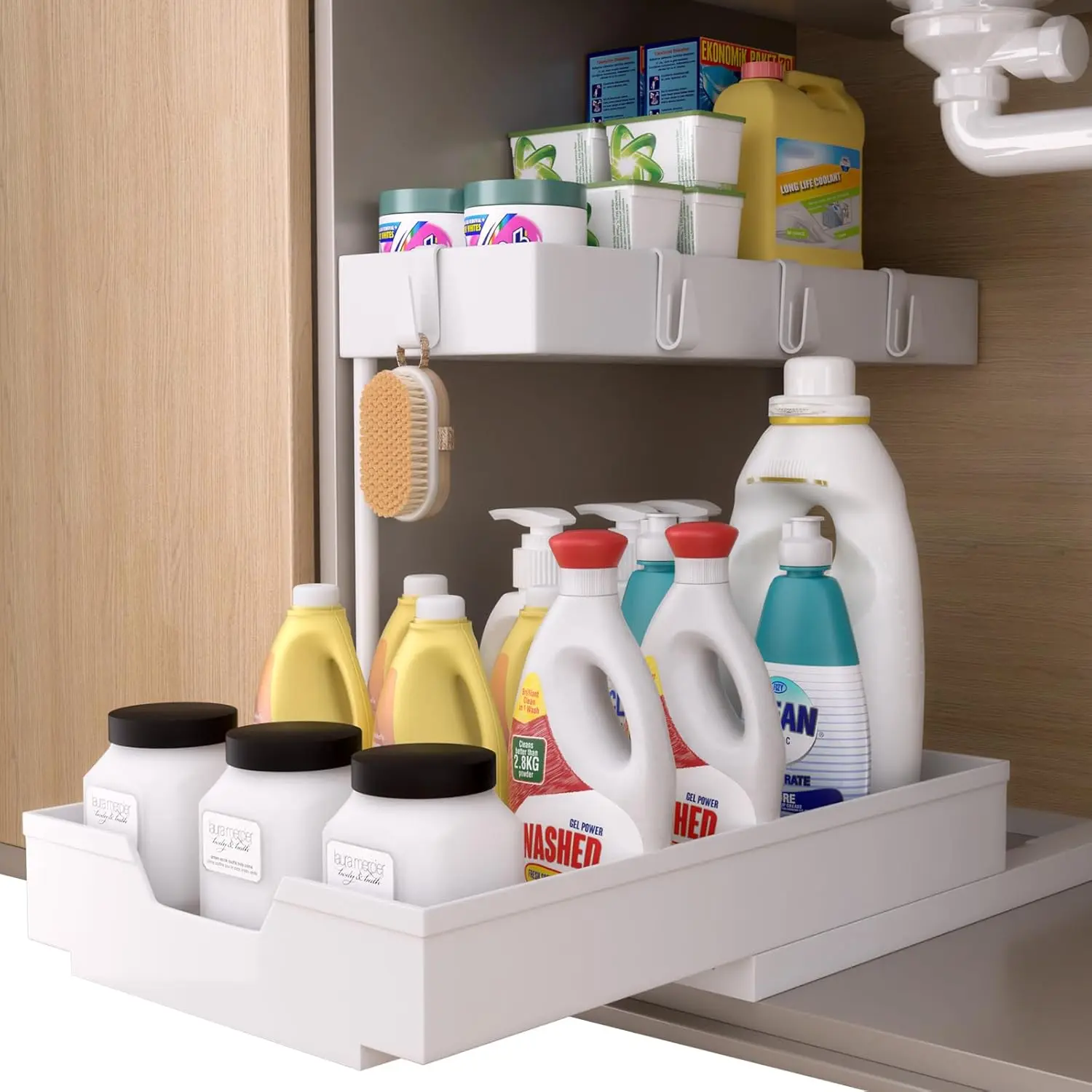 2 Pack Under Sink Organizer 2 Tier Sliding Cabinet Organizers Multi-Purpose Sink Storage Basket L-Shape Narrow Space Storage Shelves with 4 Hook for Kitchen Bathroom Drawer, Black