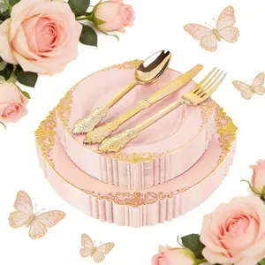 Vintage Gold Rimmed Plates Set, 20 Vintage Plates & 30 Golden Cutlery, Suitable for 10 Guests, Wedding, Party, Mother's Day, Birthday