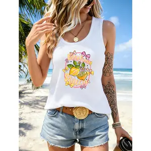 Easy Squeeze Lemon Pattern Graphic Print Women'S Casual Versatile Basic I-Ribbon Tank Top for Beach & Outdoor & Date Outfits Women'S Spring New Women'S Camisole Style