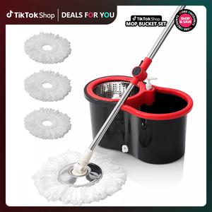 Spin Mop Bucket with Wringer Set, Operable 360 ° Rotating Mop Bucket Set, with 3 Microfiber Replacement Head ,Stainless Steel Mop Bucket 47 Inch Adjustable Handle Household Cleaning Tools Black Plastic