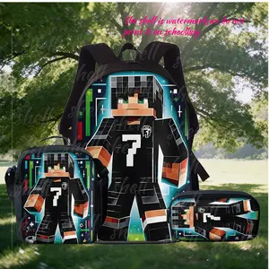 Cristiano Ronaldo Minecraft Style 3-Piece Backpack Set, CR7 Football Skin Print School Bag + Lunch Bag + Pencil Case, Oxford Cloth Adjustable Strap Daypack for Gamers & Soccer Fans