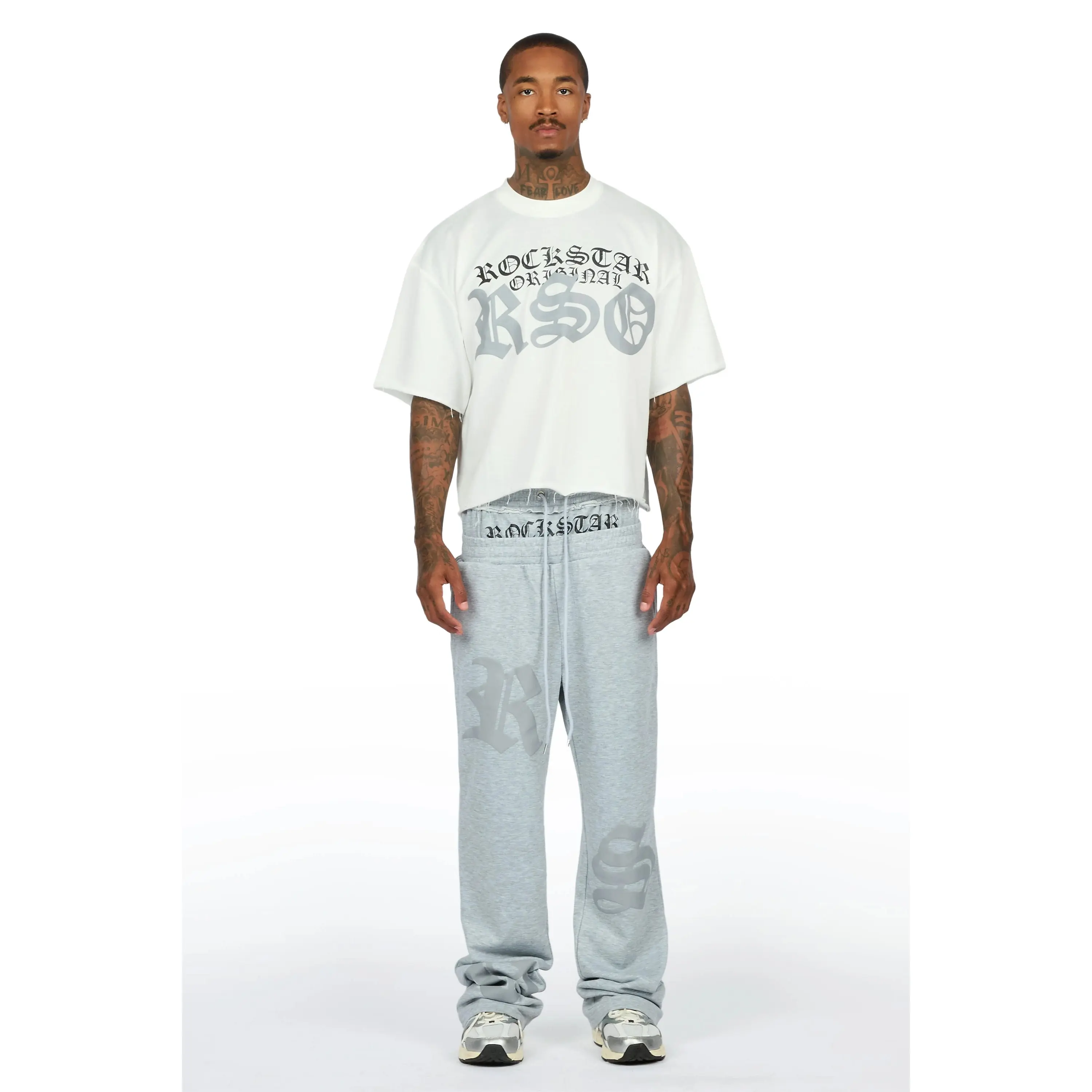 Burke Heather Grey Chenille Patch Boxy Tee/Double Waistband Pant Track Set