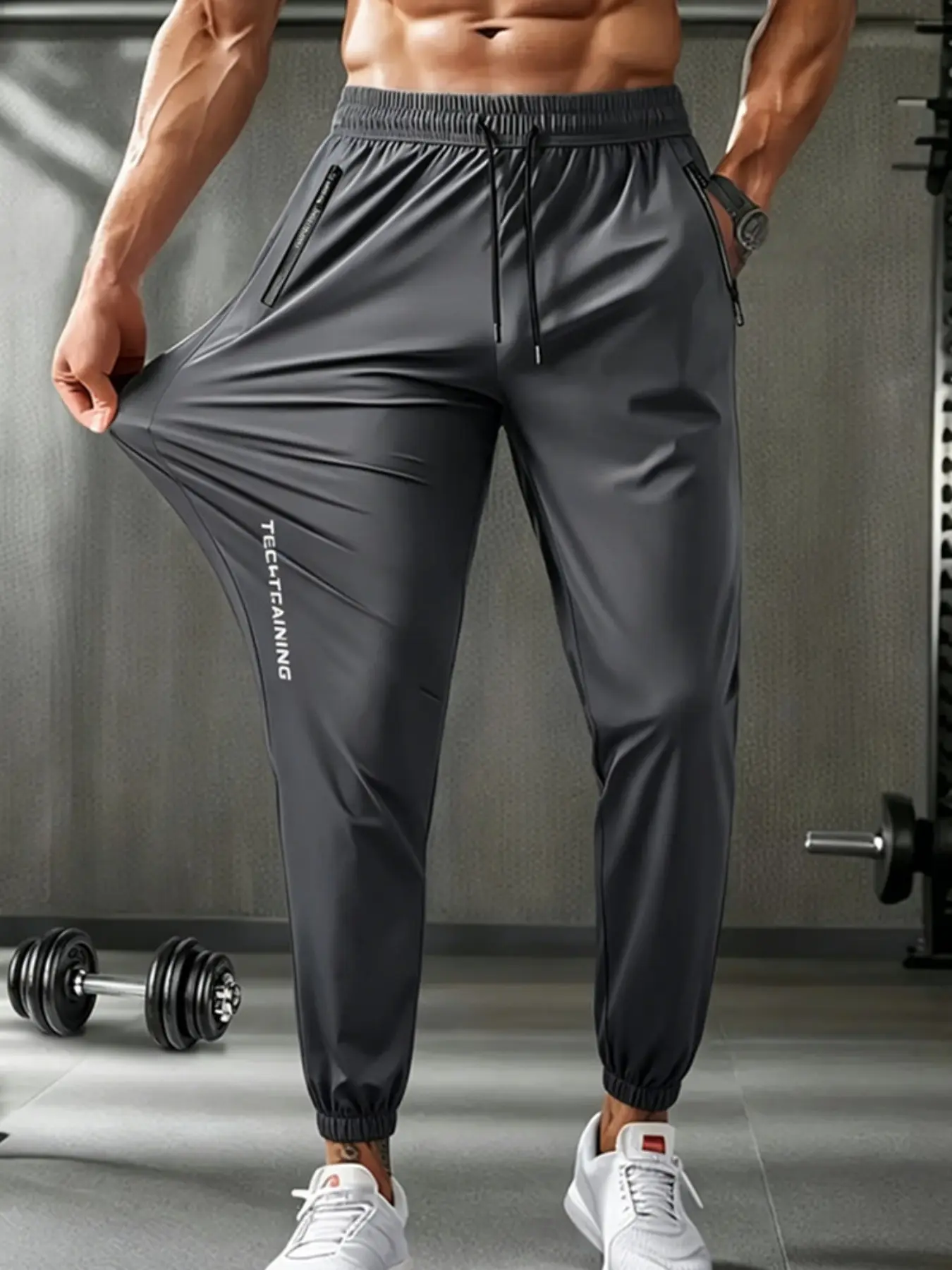 Summer Quick-Dry Men's Tech Training Ice Silk Pants, Breathable Running Pants, Athleisure Style Bottoms, Casual Elastic Waist Sports Long Pants with Zip Pockets, Activewear Bottoms, Athletic Bottoms