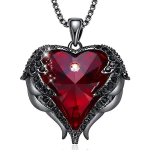 New Dark Gothic Style Red Heart Zircon Wing Necklace Cool Personality Pendant Clavicle Chain Daily Wear Eye-catching Niche Accessory Birthday Gift for Stylish Punk Girlfriend Dark Theme V20
