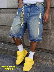 🔥 Viral Blue Ripped Denim Shorts! 🎁 Summer Ripped and Fringed Utility-Style Denim Shorts | Non-Stretch Streetwear High-Street Y2K Must-Have for American Trendy Guys | TikTok Hit Loose and Versatile Holy Grail Pants【Runs small, size up】