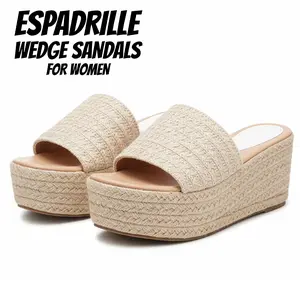 Womens Espadrille Wedge Sandals Open Round Toe High Heel Platform slide Mules Slip On Casual Beach and Summer Outing Raffia Sandal Gift for girls